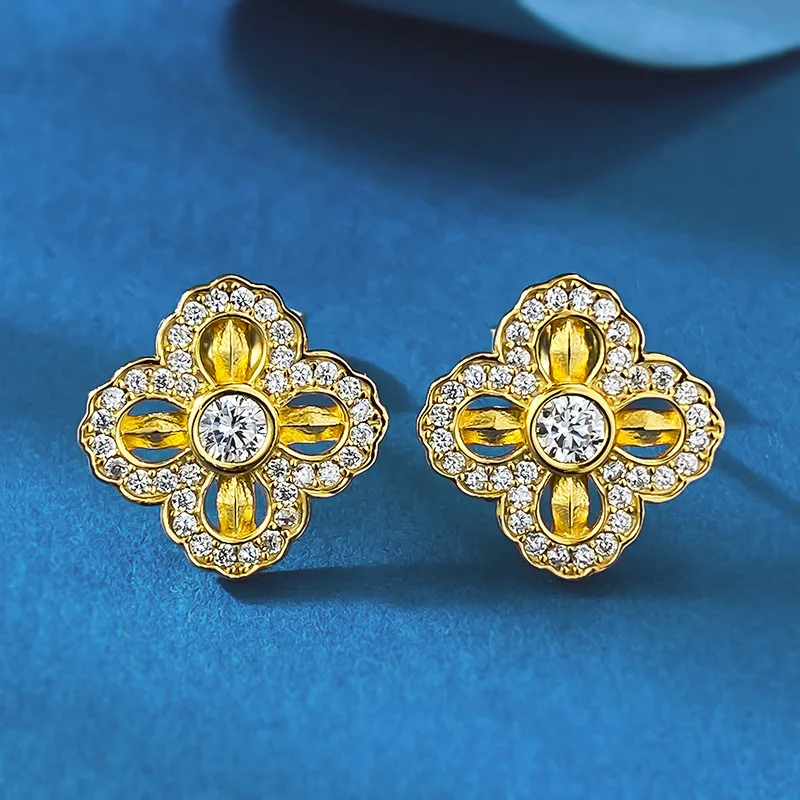 

GXGlint 925 Sterling Silver Four-leaf Clover Earrings High Carbon Diamond Golden Ear Jewelry Earrings for Women