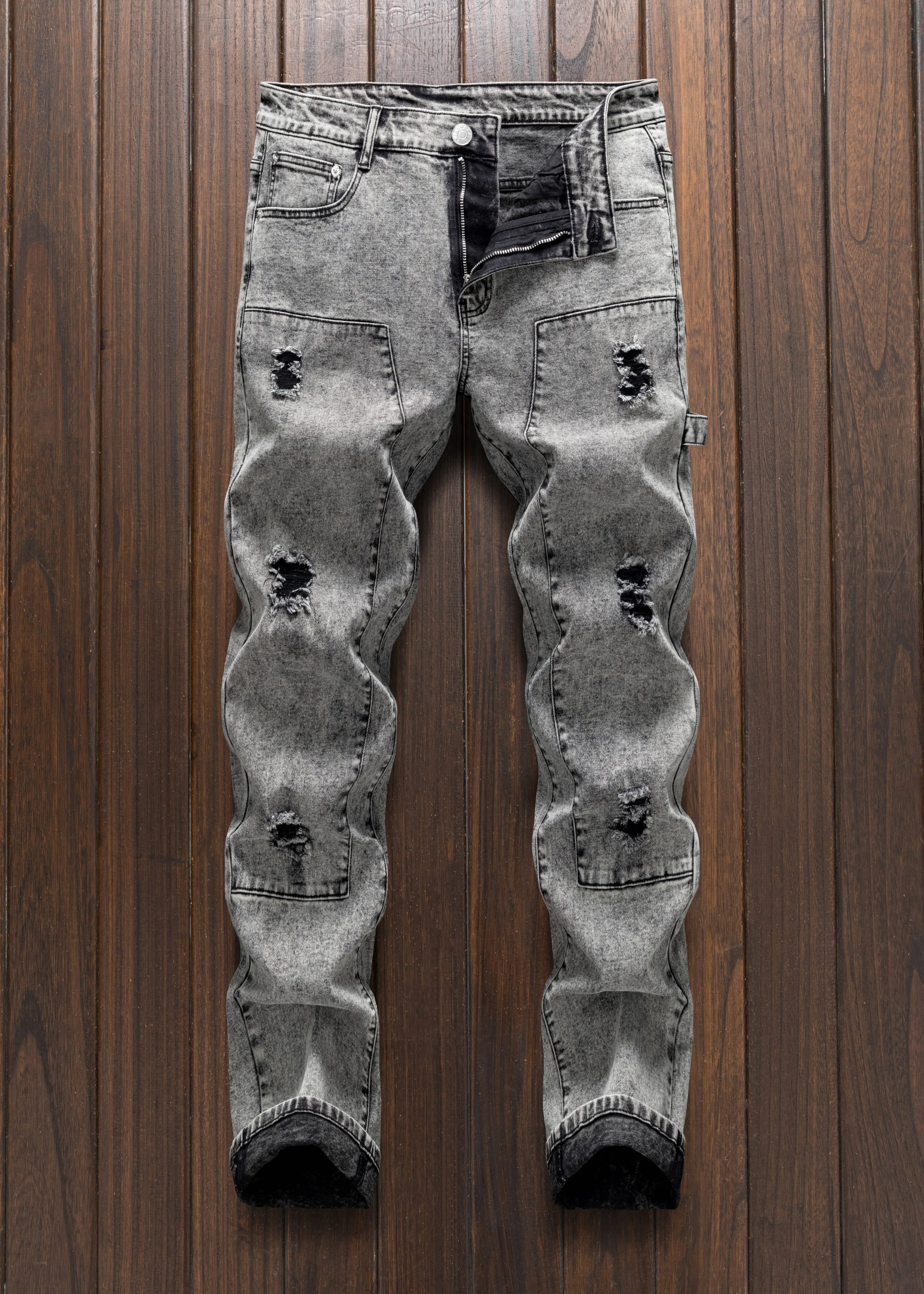 

Men's street fashion straight tube slim fit ripped hip-hop style jeans