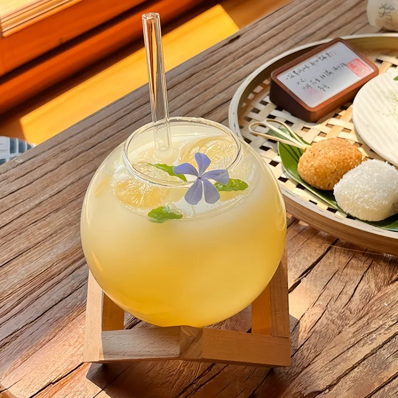 Cocktail-Glastasse mit Holzständer, kreativer Mond-Getränkebecher in runder Form mit Strohhalm, Weihnachtsbecher, Eiskaffeetassen, Trinkgeschirr