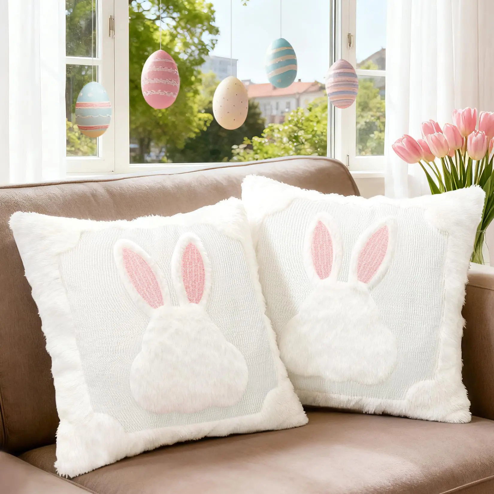 Easter Bunny Pillow Covers 18x18 Set of 2,Ultra-Soft Plush Faux Fur Rabbit Throw Pillowcases Embroidered Ears for Home Decor