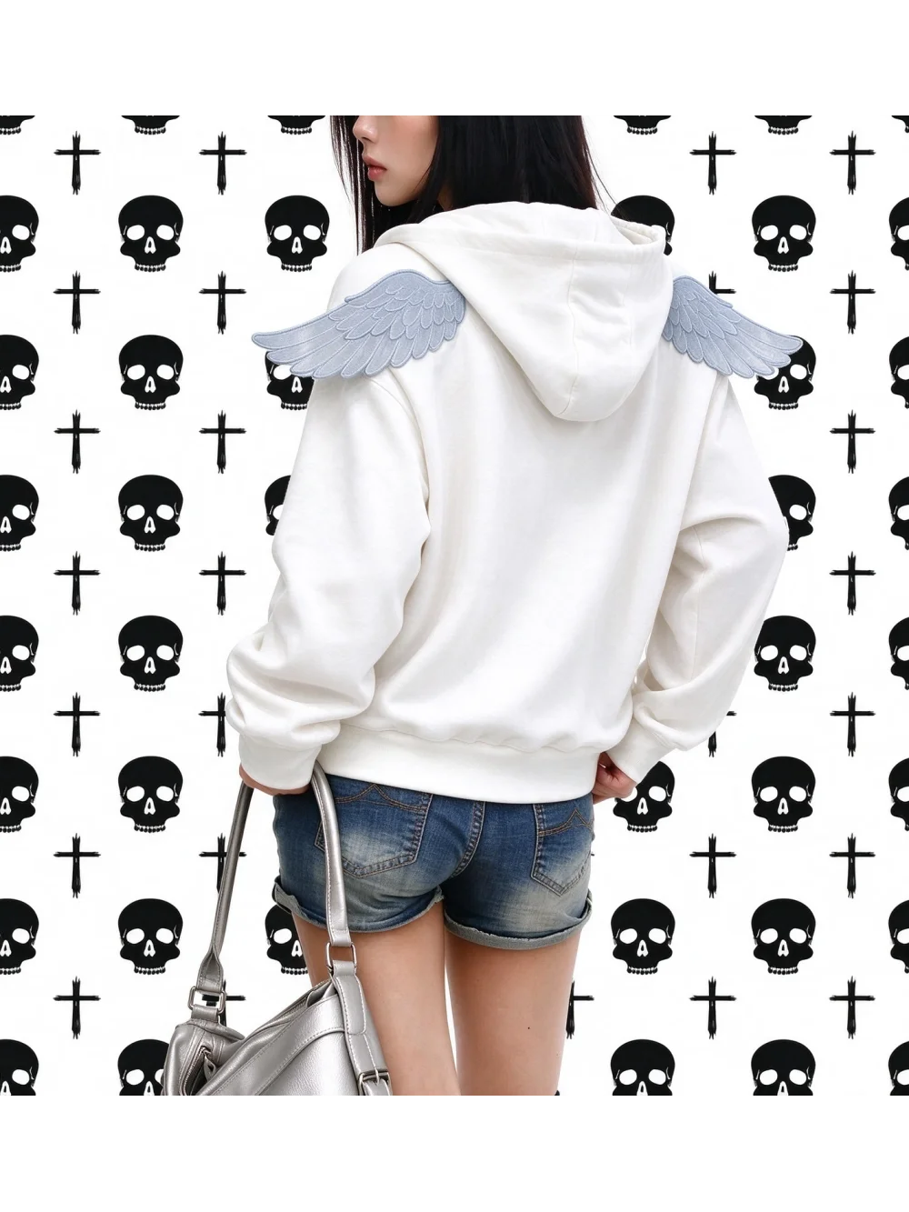 New autumn retro punk subculture three-dimensional shoulder wing large zipper cardigan hooded sweatshirt street casual trend ins