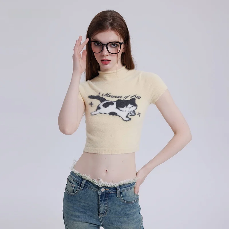 

VoneeeE Cartoon Print f High Collar ort Sve Slim Fit Sexy ort Top for Women Sweet Sle Nylon Knitted Sweater