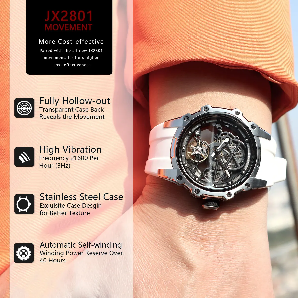 MEGIR sportowy automatyczny zegarek mechaniczny dla mężczyzn modny zegarek na rękę ze stali nierdzewnej z białym silikonowym paskiem tarcza szkieletowa