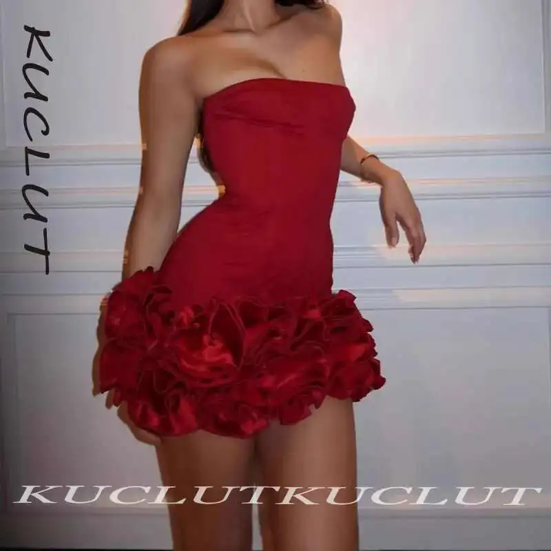 

KUCLUT 2025 Fashion New Items Elegant Slim Strapless Dress For Women Evening Party Niche 3D Flower Design Dresses Female K385