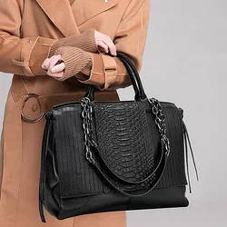 Luxury Fashion Women's Handbags Large Capacity Genuine Leather Briefcase 2023 Portable Shoulder Tote Bags Soft Black Serpentine