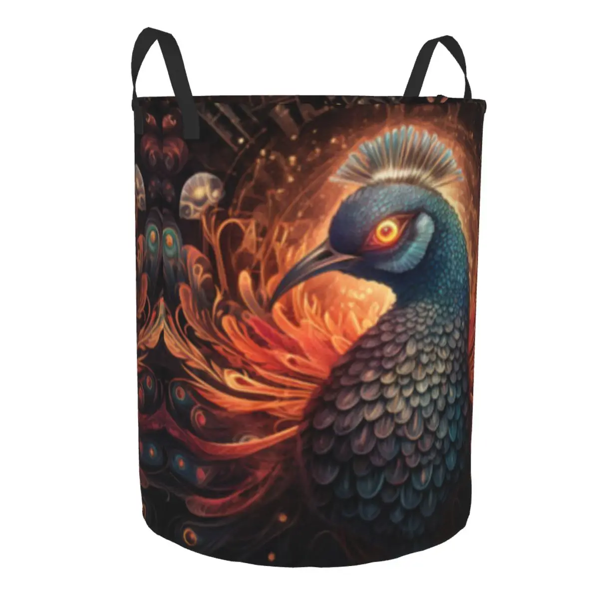 Folding Laundry Basket Colorful Peacock Cosmic Fantasy Fractal Round Storage Bin Hamper Collapsible Clothes Bucket Organizer