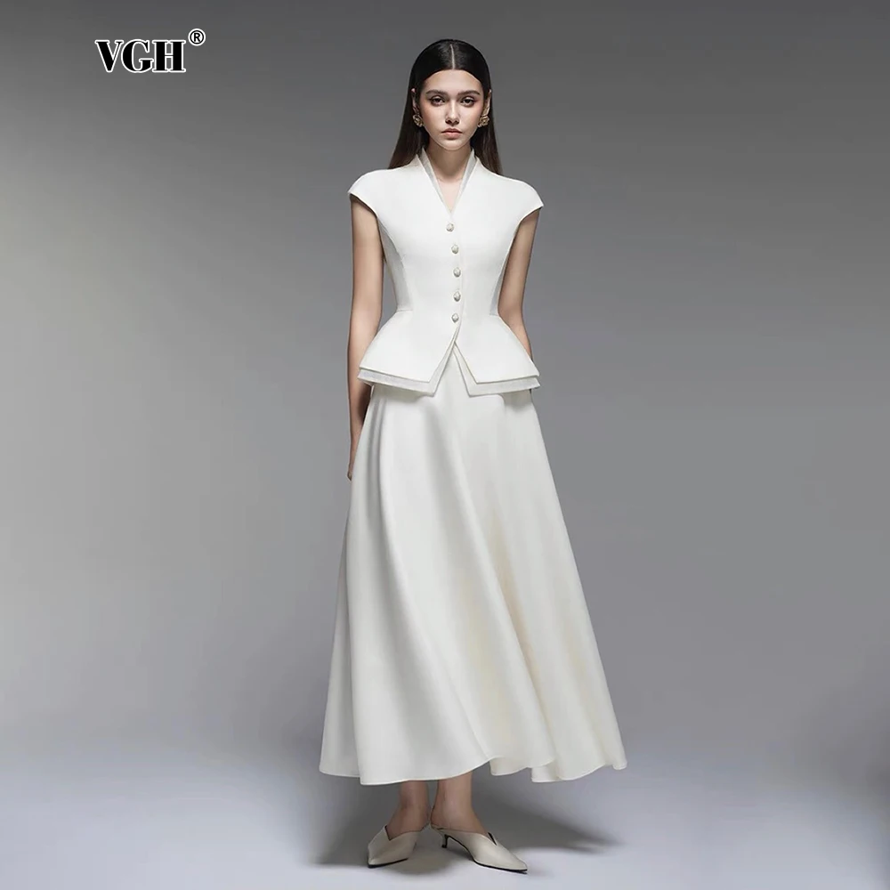 

VGH Elegant Skirts Suit For Women V Neck Off The Shoulder Spliced Button Top High Waist A Line Long Skirt Temperament Set Female