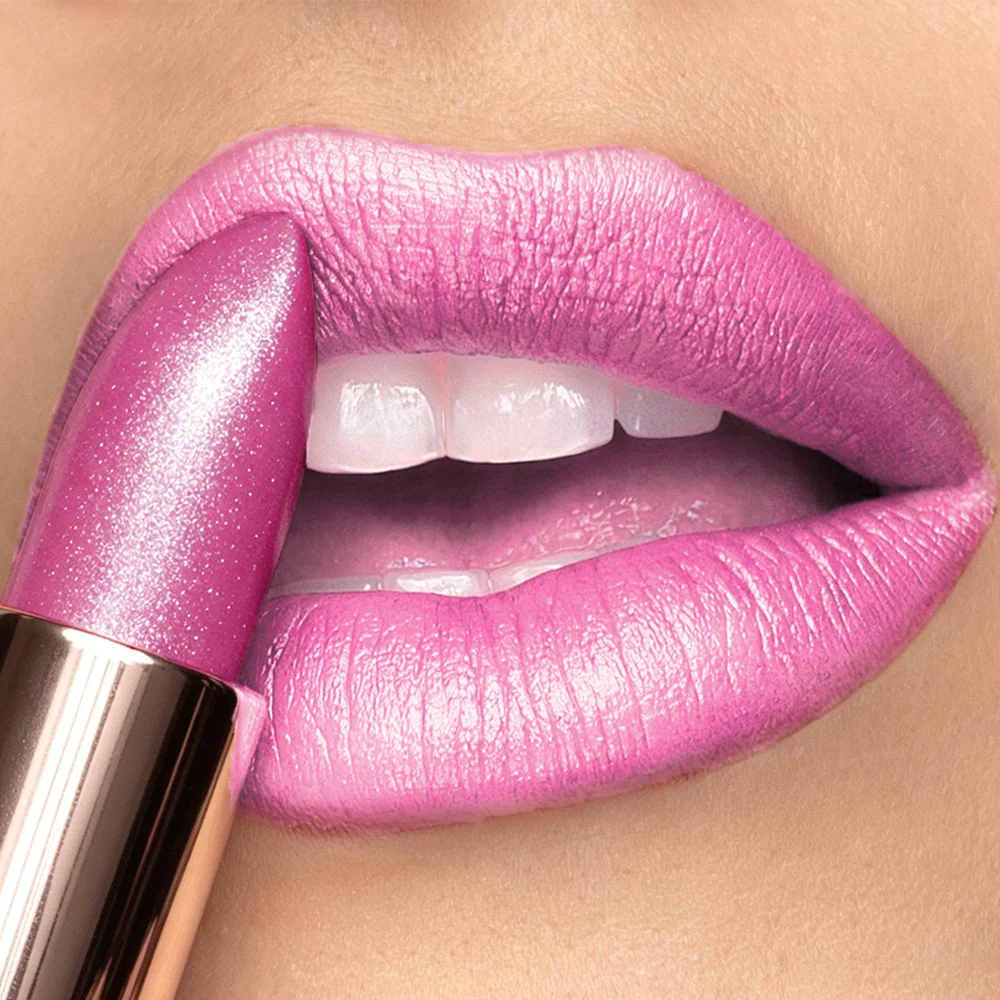 Shimmering Metallic Lipstick — Waterproof, Long-Lasting Pink Gloss — Non-Drying, Luminous Lip Color — Everyday Makeup for Women