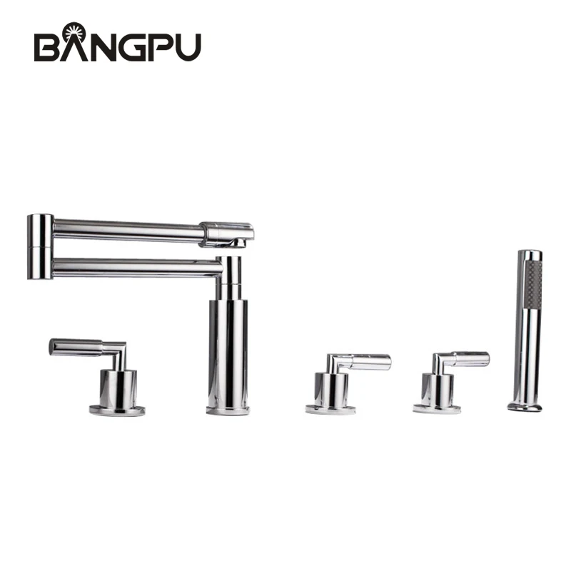 

5 Hole Bathroom Tub Faucet with Hand Shower Deck Mounted Bathtub Faucet Combo Set Roman Bath Tub Faucets with Sprayer Chrome