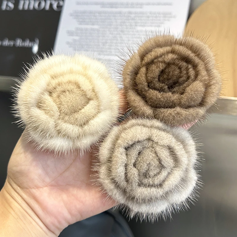 Hair Rope Real Mink Fur Camellia Elastic Bands Woman Luxury Genuine Rubber Band Hair Ring Accessories Fur Fluffy Hair Ties Girls