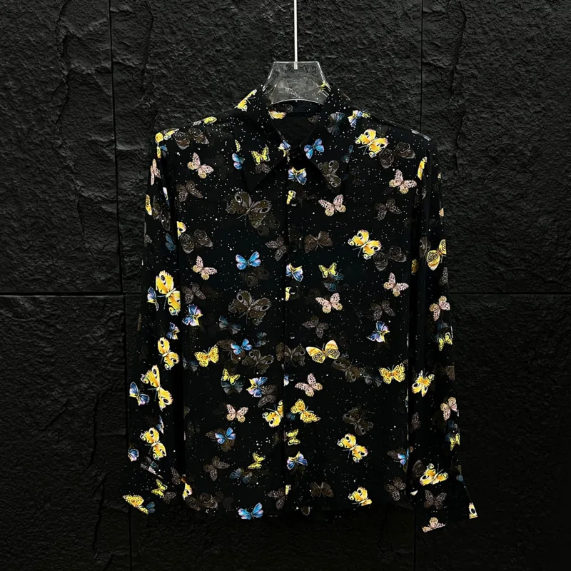 WVGA Summer New Man High-end Shiny Gold-embossed Printed Trendy Long Sleeve Shirt Niche Chic Casual Turn-Down Collar Tops W22627