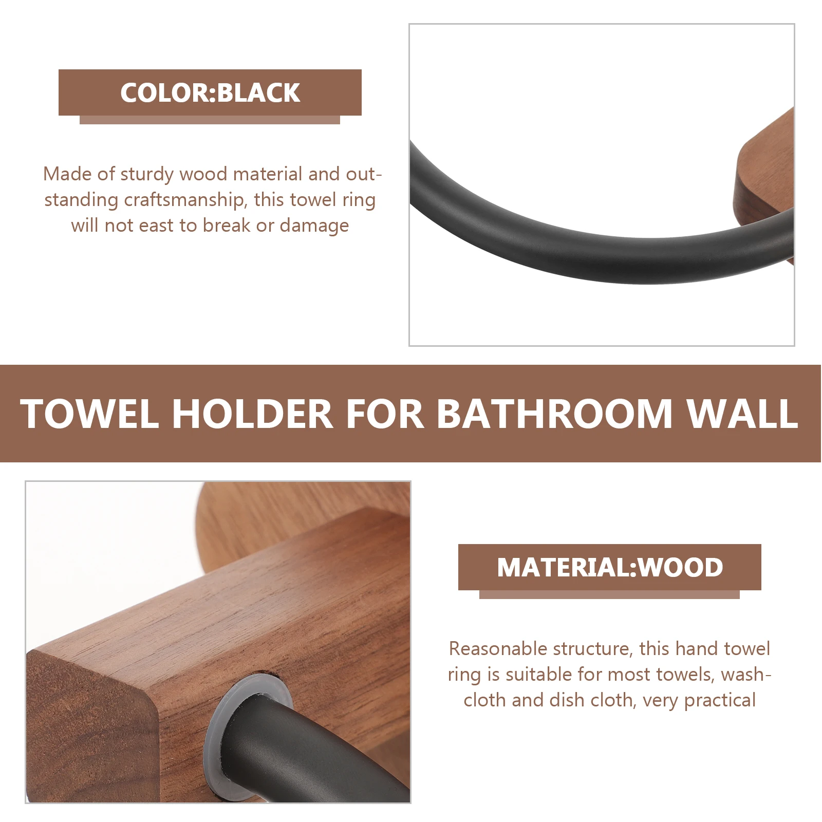 

No Drill Towel Ring Wooden Holder for Bathroom Wall Mount Rustic Hand Hanger Washcloth Dish Towel Organizer