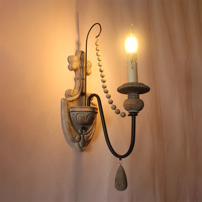 #country retro wall lamp solid wood living room background wall bedroom bedside lamp aisle homestay candle lamp Exquisite patter