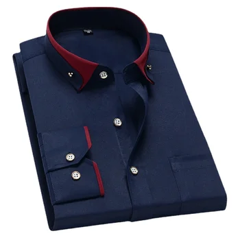 For Men's Business Dress Shirts Male Formal Button-Down Social Collar Camisa Social Elastic Anti-wrinkle Casual Men Shirt Pocket 6