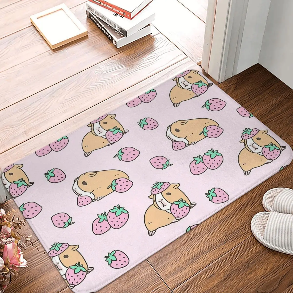 Guinea Pig with Flowers Green Grass Door Mat Bathroom Kitchen Balcony Carpet Decoration Floor Carpet Door Mat Anti-Slip Mat