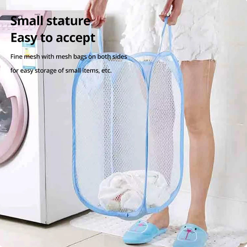 1Pc Blue Mesh Pop Up Square Laundry Basket Storage Toy Organizer Bag Collapsible Clothes Baskets for Dorm Dirty Clothes Basket