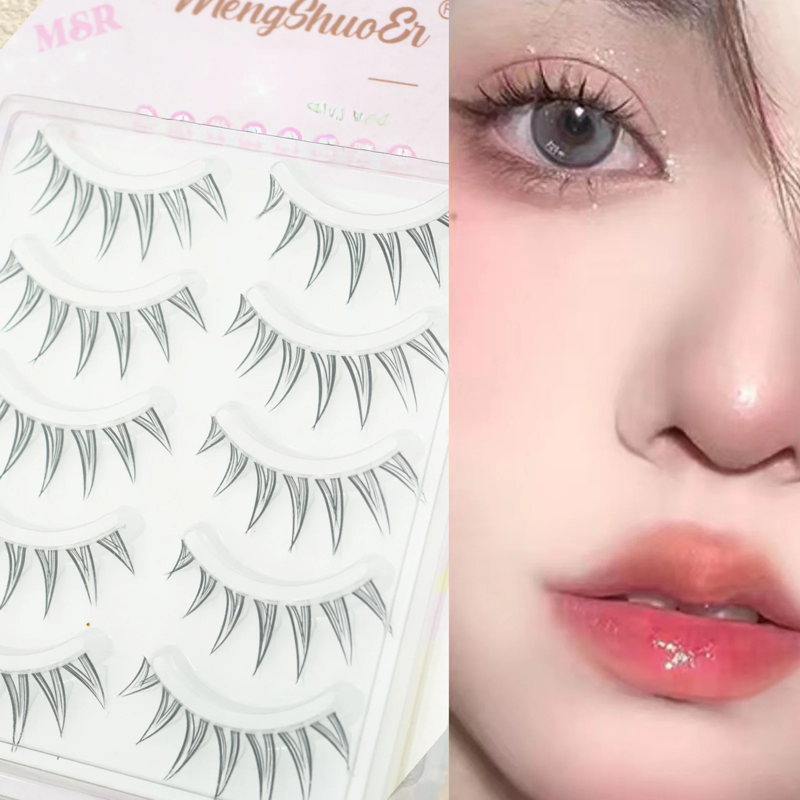Aシェイプフェアリーラッシュフルストリップつけまつげ、超薄型透明バンド付き、ナチュラルなエアリールック、デイリーコスプレメイク用