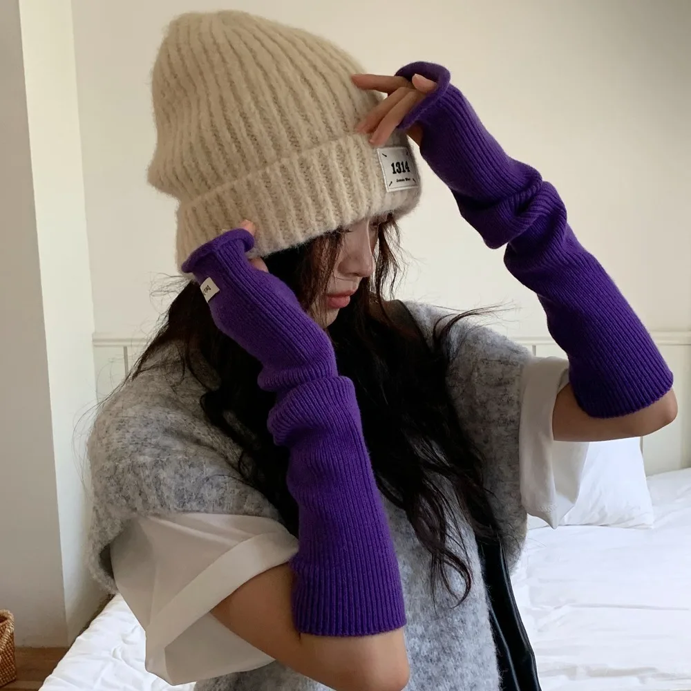 Hand Covers Korean Style Knitted Warm Sleeves Hole Y2k Woolen Arm Gloves Elastic Solid Color Warm Arm Covers Spring