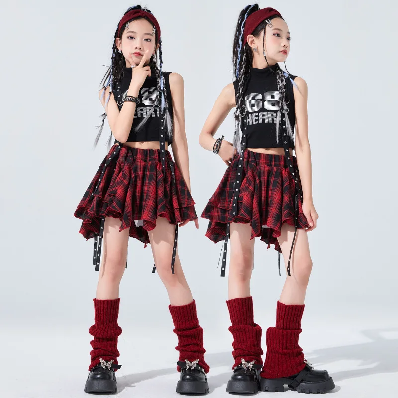 

Girls Jazz Dance Clothes Black Vest Red Plaid Skirt Kids Hip Hop Suit Kids Cheerleading Performance Outfits Kpop Stage Costumes