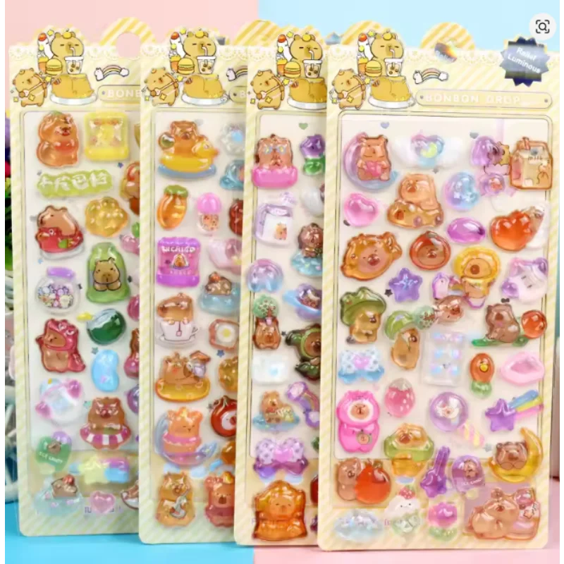 4 Pcs Mix Cartoon Stickes Capybara  3d  Stereo Crystal Sticker Handbook Diy Material Children Sticker