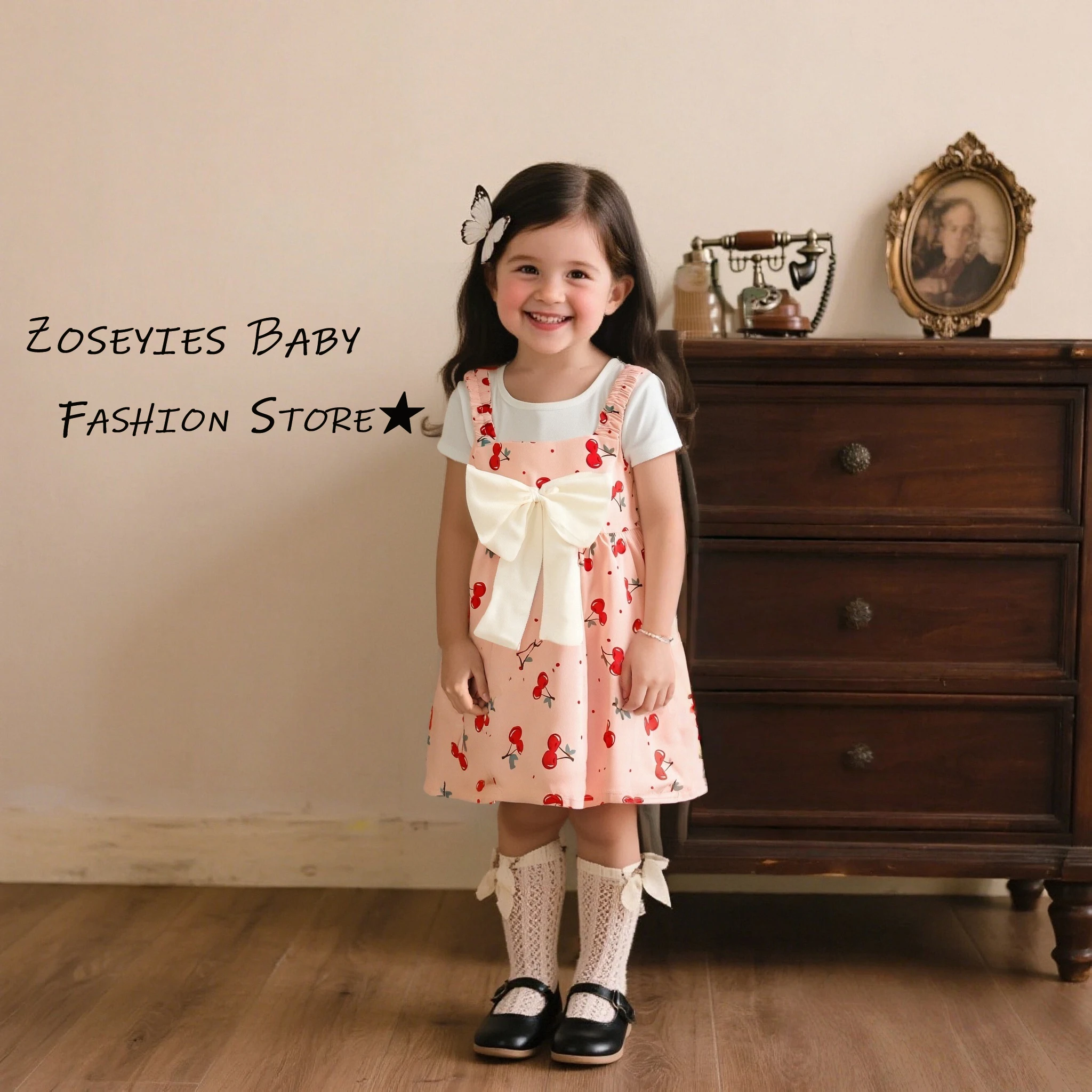 

Платья для девочек, летние платья из вишневого хлопка с короткими рукавами и принтом для маленьких девочек, пляжные платья с милым бантом для девочек, одежда для маленьких девочек