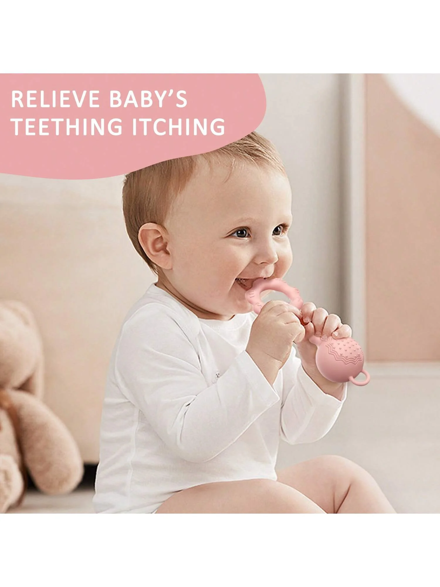 1 jouet hochet en silicone. Anneau de dentition apaisant pour bébés garçons et filles. Doux, sûr et parfait pour mâcher et réconforter.