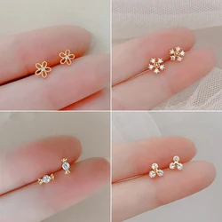 Korean Fashion Zirconic Flower Stud Earrings For Women Girls Gold Color Cute Candy Hypoallergenic Versatile Party Jewelry Gifts