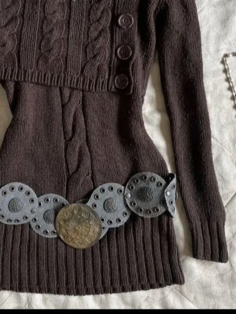 بلوزات غير مغطية للكتف متماسكة سترة عتيقة بني كم طويل سليم صالح تريكو البلوز الفرنسية الرجعية Y2k الخريف الشتاء وتتسابق 2025 #3