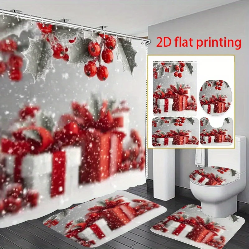 

4 шт., 2D плоская занавеска для душа с принтом, набор для ванной комнаты, снежные рождественские подарки с ягодами Холли. Б/у Общежития, Мотоли, Спорт