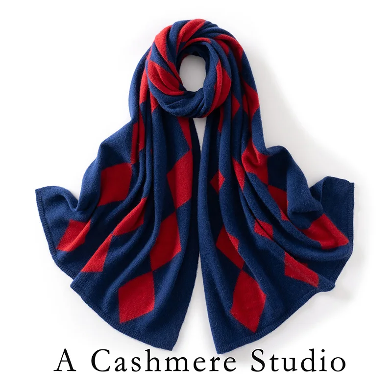 ADDONEE Women's 100% Cashmere Scarf Rhombus Knit Scarf Autumn Winter Thick Soft Warm Preppy Style Long Scarf