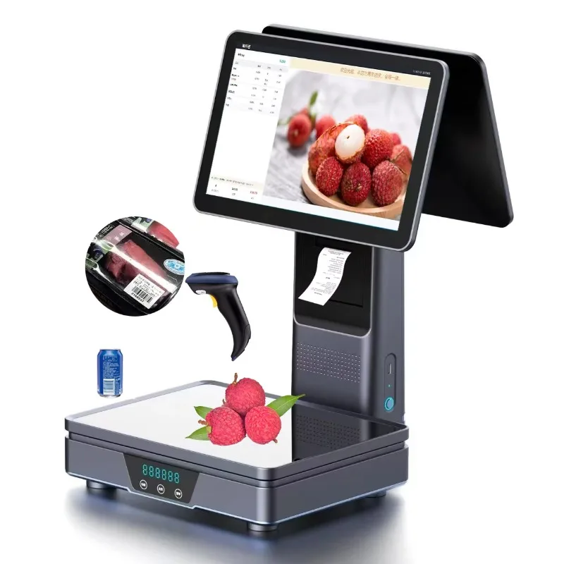 Dual Screen Dual Printer Weighing Cashier Integrated POS System AI Recognition Automatic Weight Calculation Bluetooth Wi-Fi