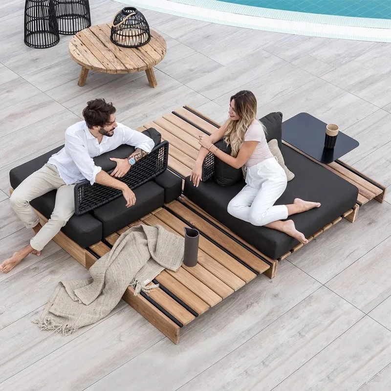 Weatherproof White Teak Rattan Outdoor Modular Sofa Set Patio Furniture With Removable Cushion For Backyard Villa Hotel Garden