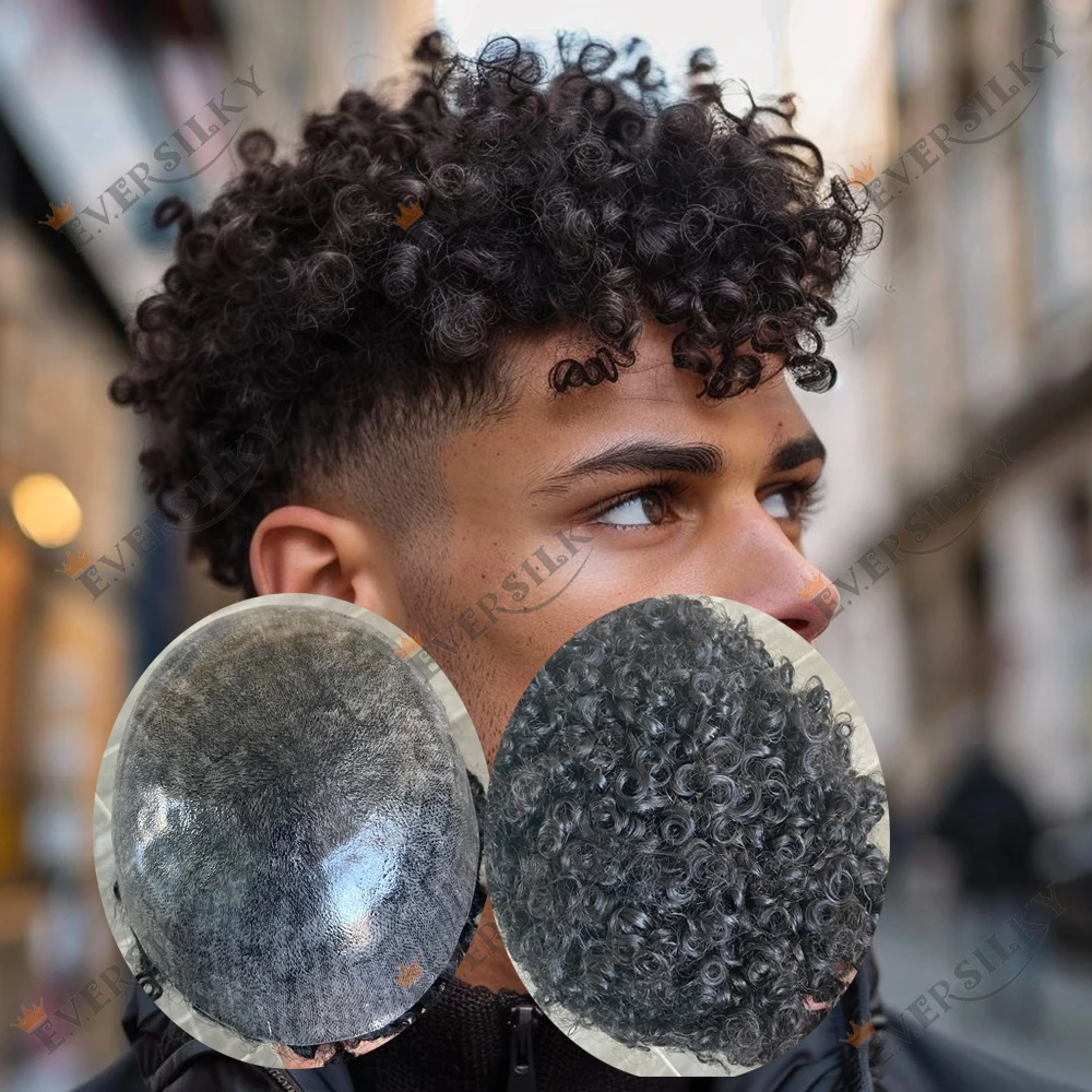 

15 мм вьющийся афро-черный коричневый мужской парик, полная основа из искусственной кожи, система замены 100% человеческих волос, африканские необнаружимые шиньоны для тонкой кожи