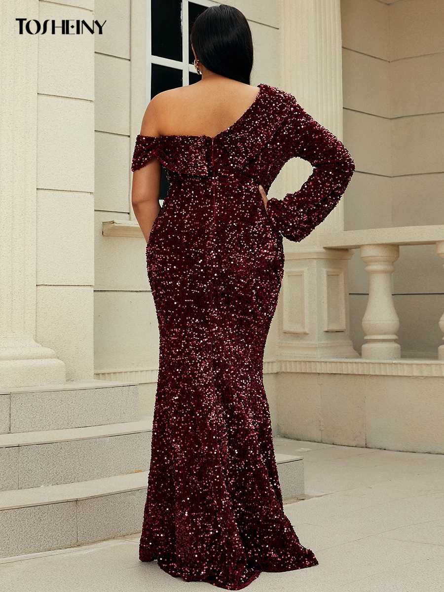 Tosheiny Fall Chic Elegant Plus Size Women Plus Size Dress Skinny Burgundy Oversized Long Party Prom Dress