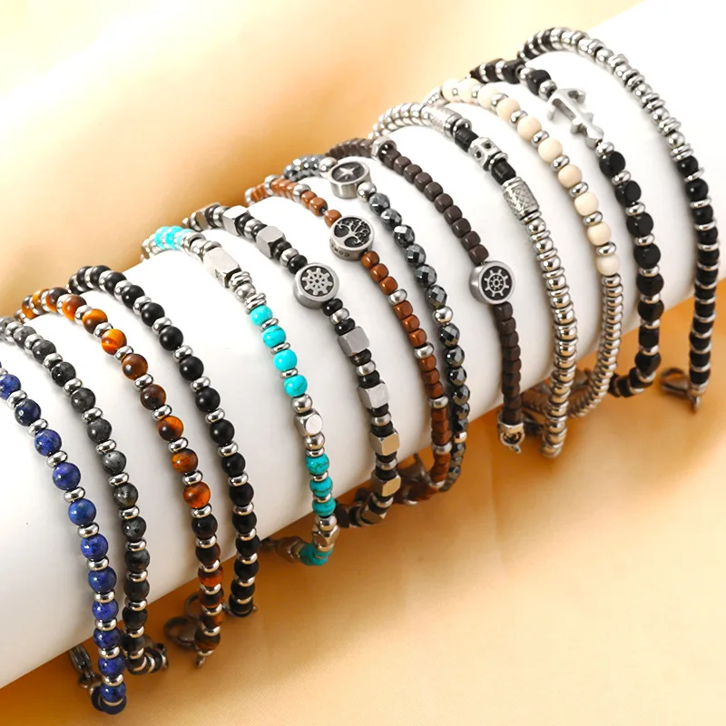 Handmade 4mm Natural Agate Tiger Eye Turquoise Stone Beaded Bracelet For Men Women Stainless Steel Round Beads Charm Bracelet