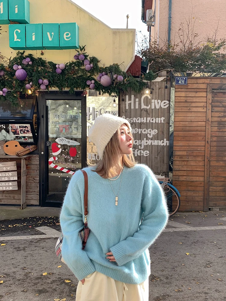 

Ретро-свитер женский свободного кроя, теплый зимний, с длинными рукавами, круглым вырезом, в полоску, цвета молока и клубники, эксклюзивно онлайн