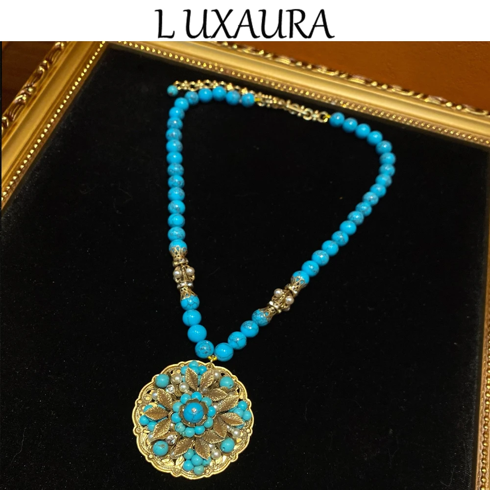 

Vintage fashion classic copper plated 18K round blue natural turquoise paired with bohemian women's jewelry necklace