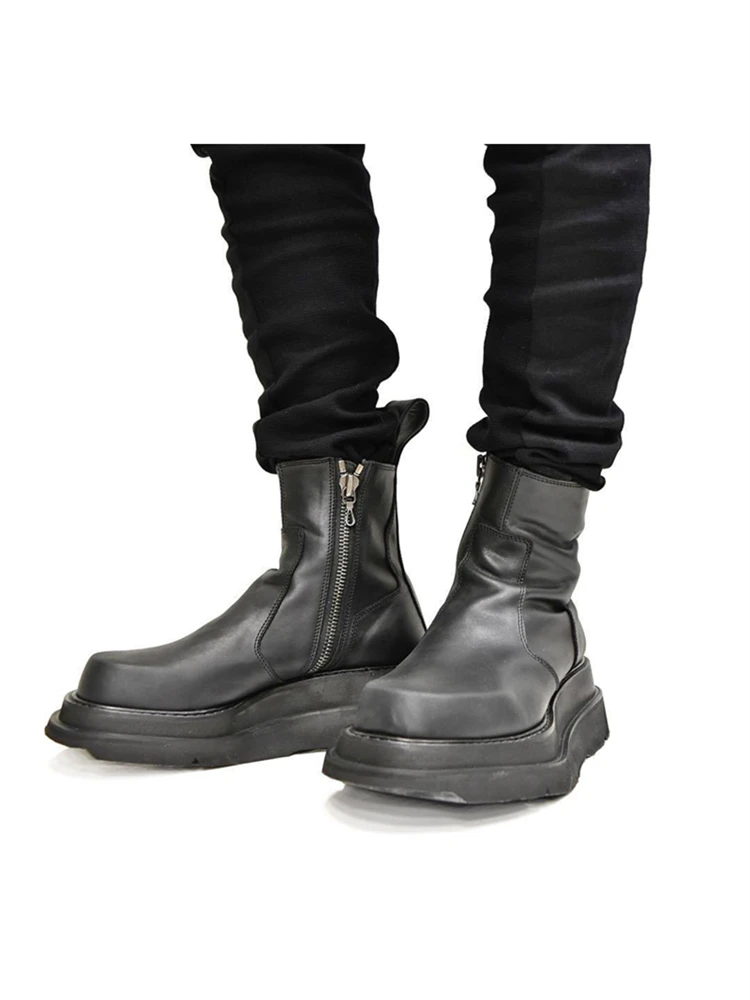 

Winter Invisible Height Increase Men's Leather Short Boots Korean Trendy Male Middle Top Motorcycle Cool Shoes All Black