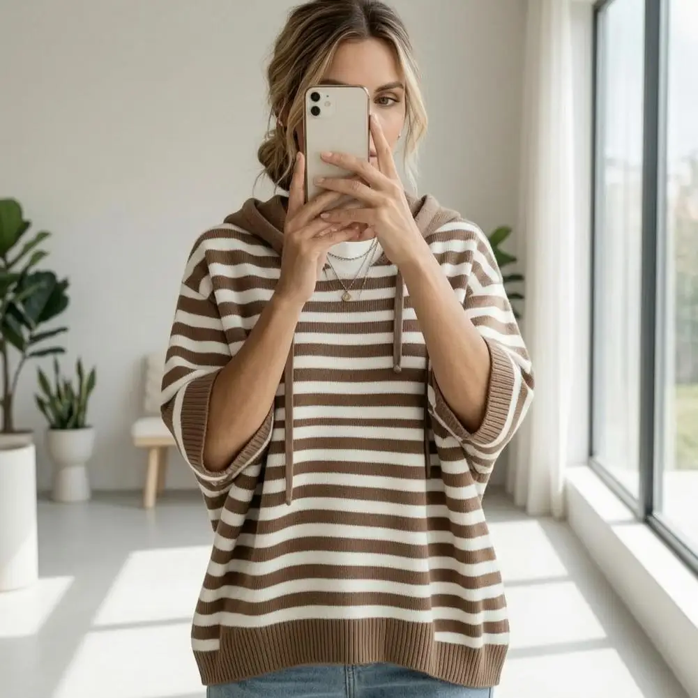 Women Hooded Striped Knit Sweater, Casual Loose Half Sleeve Drawstring, Autumn Winter Hooded Pullover Top