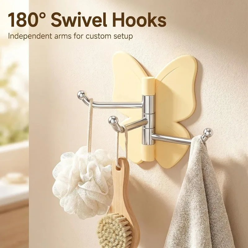 5/10 Pieces Randomly Packed, Heavy-Duty Rotating Butterfly Wall Hooks, No-Drill Adhesive Rotating Hooks with Adjustable Wings and Three-Prong Hooks, Suitable for Interior and Exterior Corners, Bathrooms, Entryways, Kitchens, No Installation Required, for Hanging Towels, Kitchen Utensils, Multifunctional Hooks