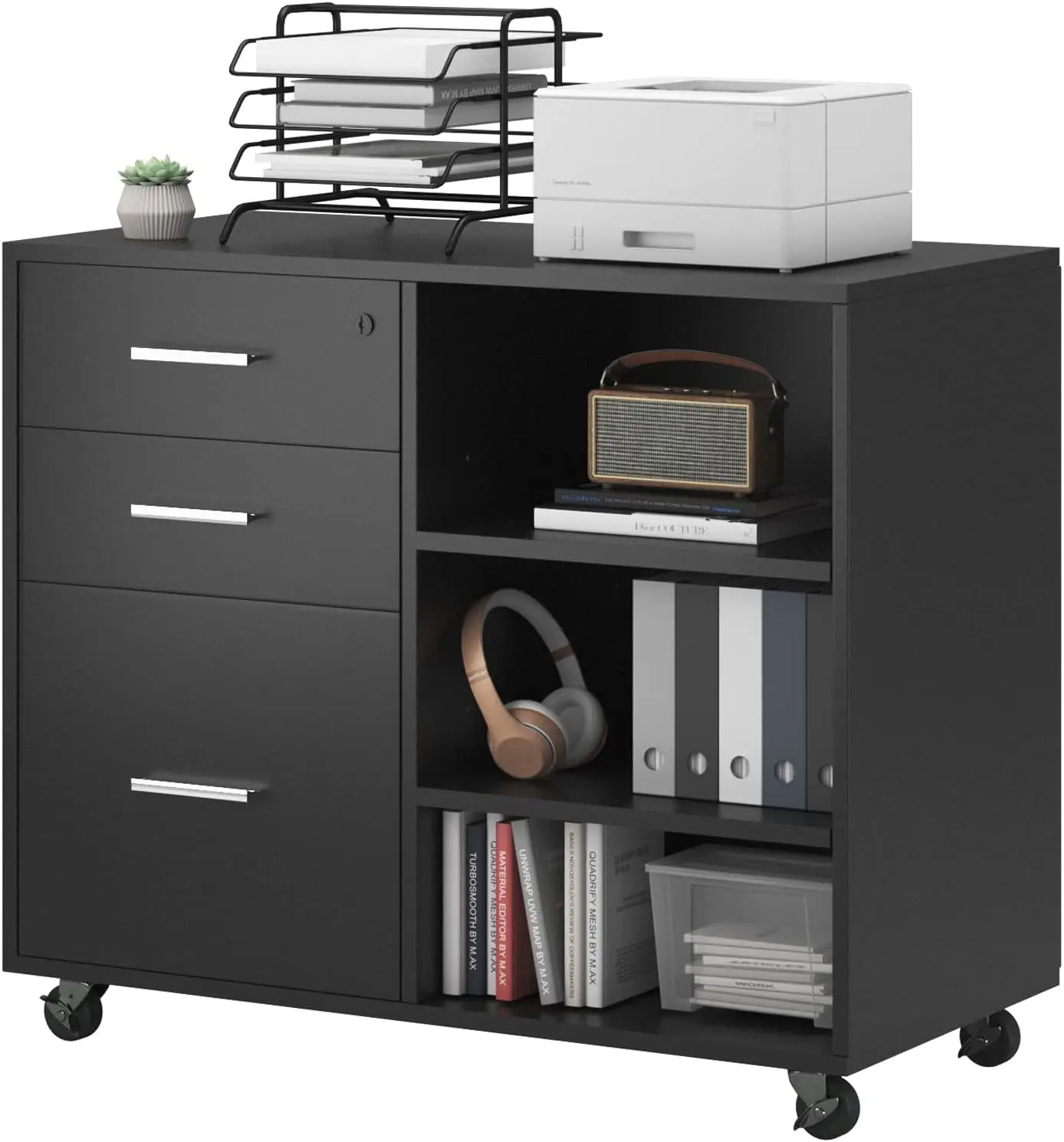 Comfort Corner 3 Drawer Mobile File Cabinet, Wood Cabinet with Lock,Printer Stand and Open Adjustable Storage Shelves for Office