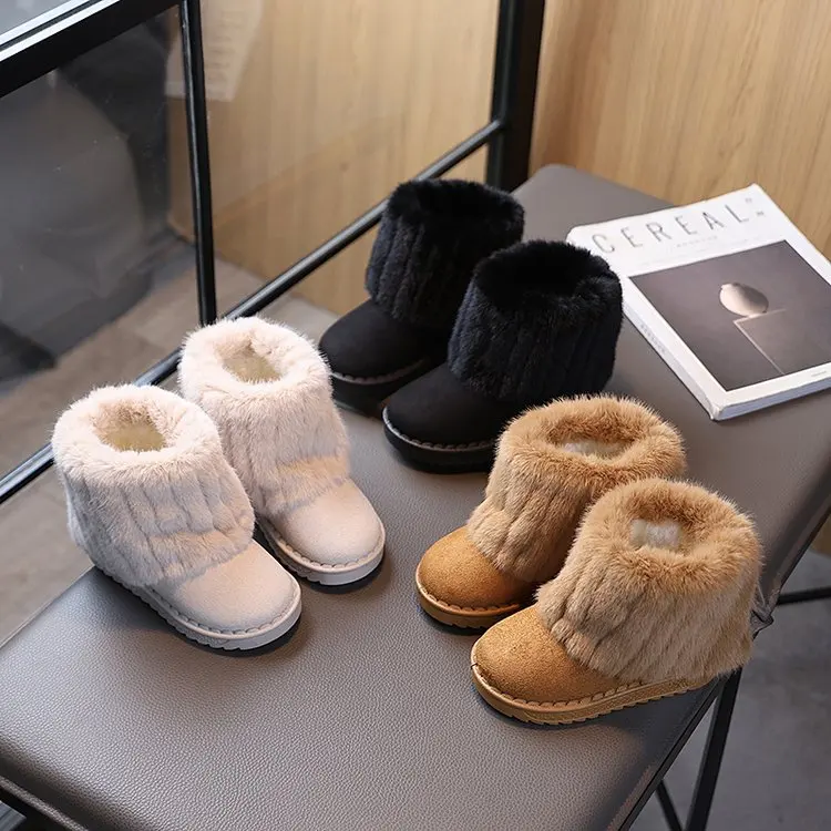 2026 Winter Classic Children Furry Snow Boots Beige Outdoor Girls Fashion Ankle Cotton Boots Warm Soft Kids Causal Ankle Boots
