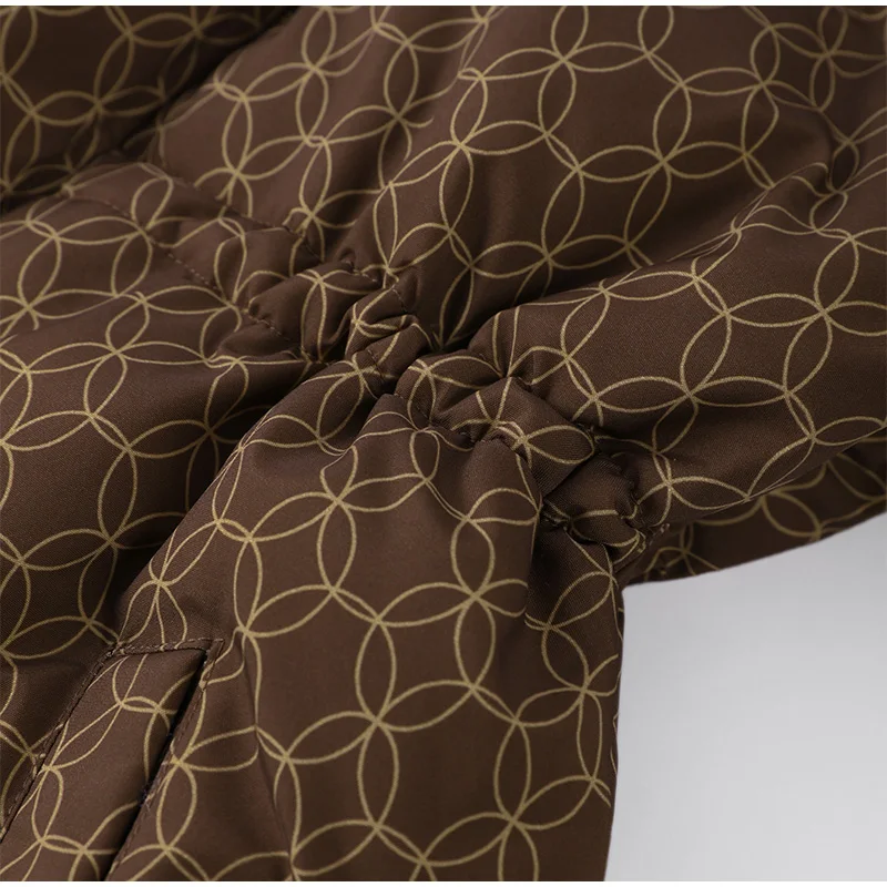 Upgraded Thickened Allover Printed Mid Length Padded Coat Stand Collar Drawstring Waist Windproof 2026 Winter Women Outer Jacket