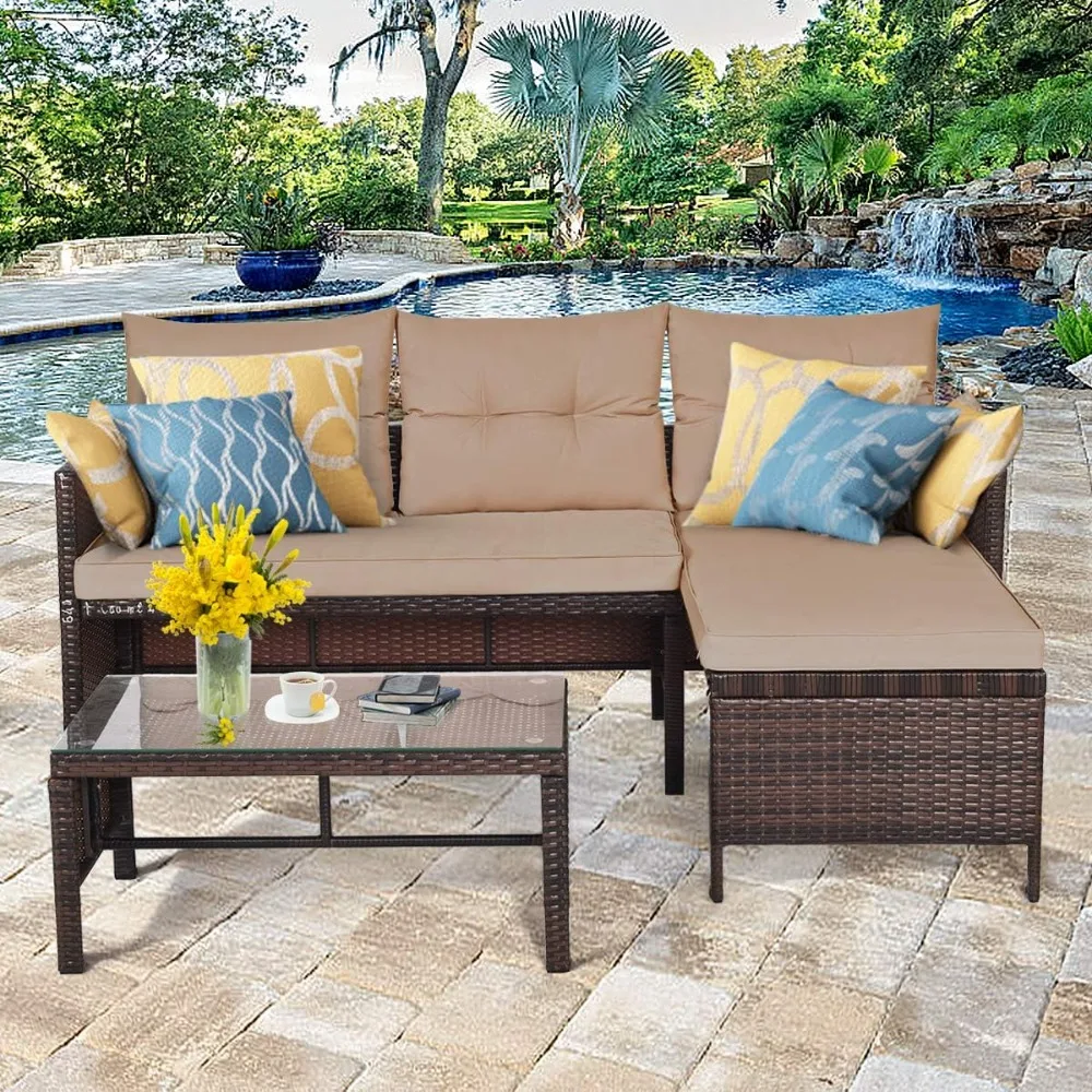 Patio Corner Sofa Set 3 Piece, Outdoor Rattan Sofa Set, Includes Lounge Chaise, Loveseat & Coffee Table, Patio Garden P