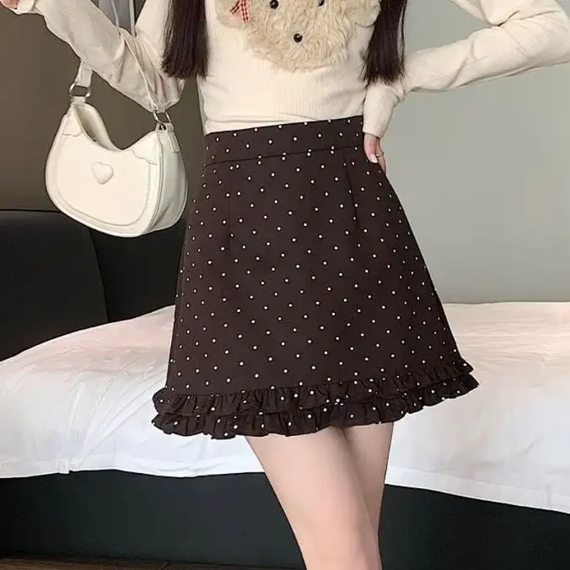 Pieghe di moda impiombate a pois mini gonne abbigliamento donna a vita alta autunno inverno a-line elegante borsa anca dolce gonne di base