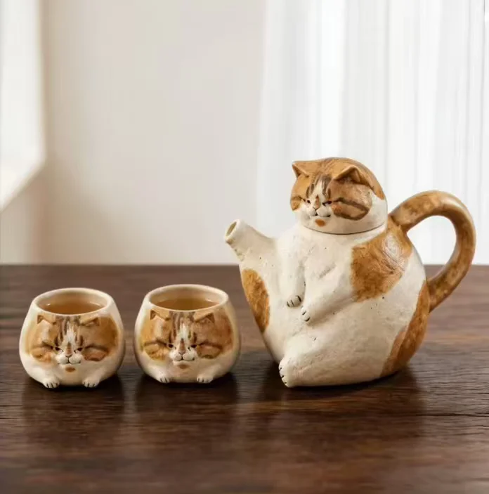 Handcrafted Ceramic Teapot Set with Funny Cat Design,Comes with 2 Matching Cups, Oriental Chinese Japanese Style Tea Serving Kit