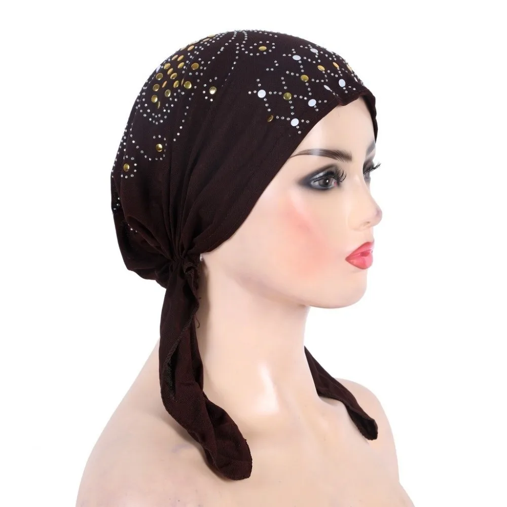 NEW Gold Sequins Turban Hijab Cotton Breathable Pull On Headwrap Solid Color Soft Headscarf Hat
