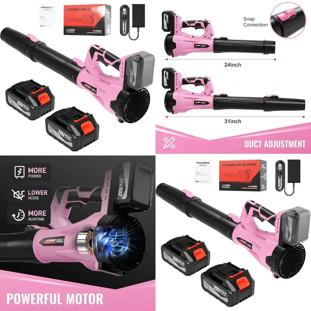 

21V Cordless Leaf Blower with Lightweight Lithium Battery, Variable Speed for Lawn Care, Dusting, and Snow Removal (Pink)