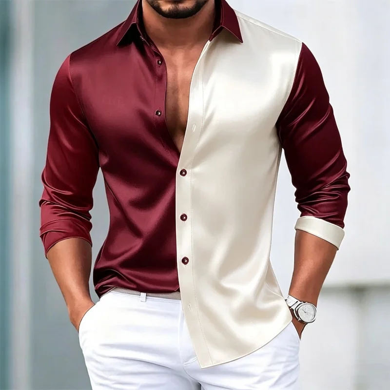Men's Contrasting Splicing Long Sleeved Shirt, High-End Satin Glossy Lapel, Business Casual Men's Top