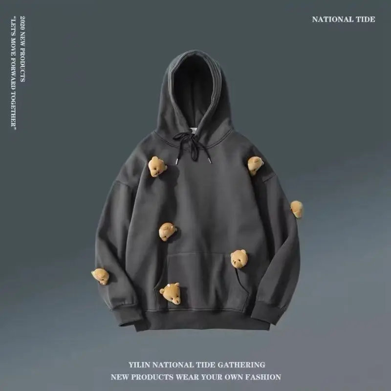 Autumn and winter three dimensional doll bear design loose and lazy mid length hooded sweatshirt for men and women couple tops